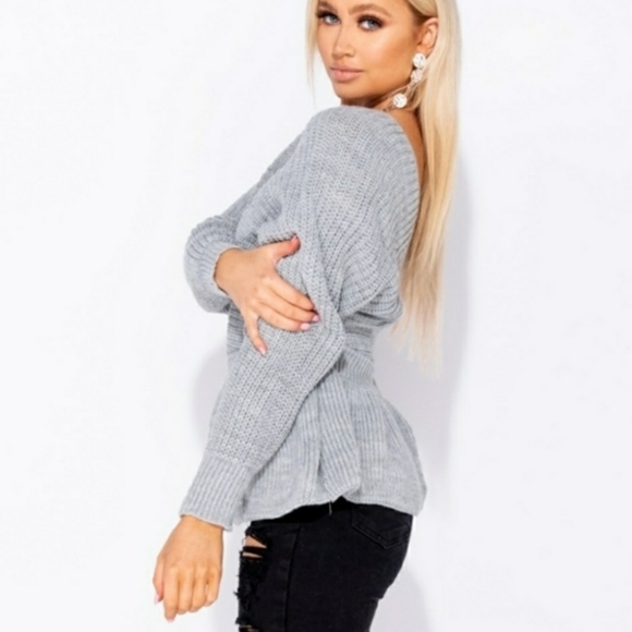 Sweet Sophistication Gray Wrap Peplum Sweater - Picture 2 of 4